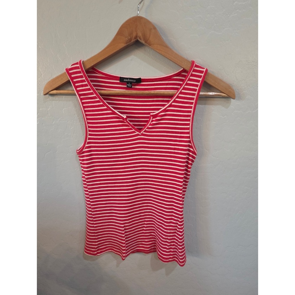 Ambiance Red White Striped Ribbed Tank Top Notched V-Neck Sleeveless Small